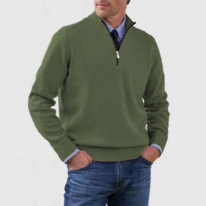 Men's half-zip mock neck sweater with long sleeves and ribbed trims