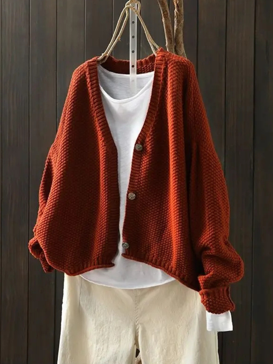 Women's textured knit cardigan with V-neck, button front and long sleeves