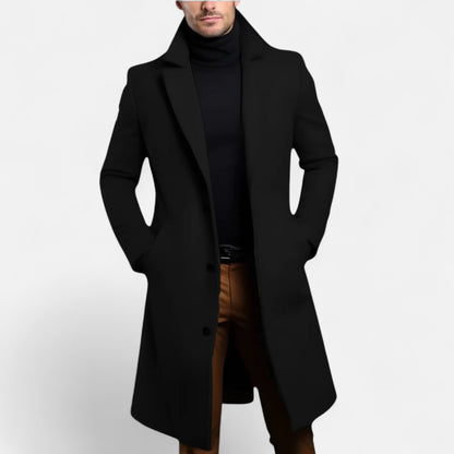 Men's long button-front coat with notched lapel and side pockets