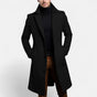 Men's long button-front coat with notched lapel and side pockets
