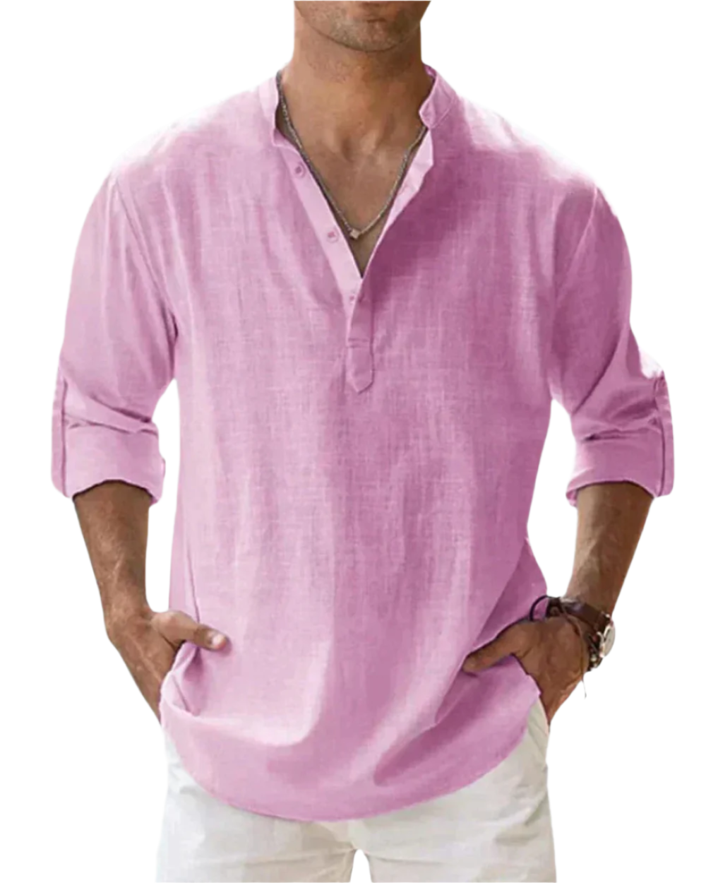 Men's solid long sleeve shirt with open collar and rolled sleeves