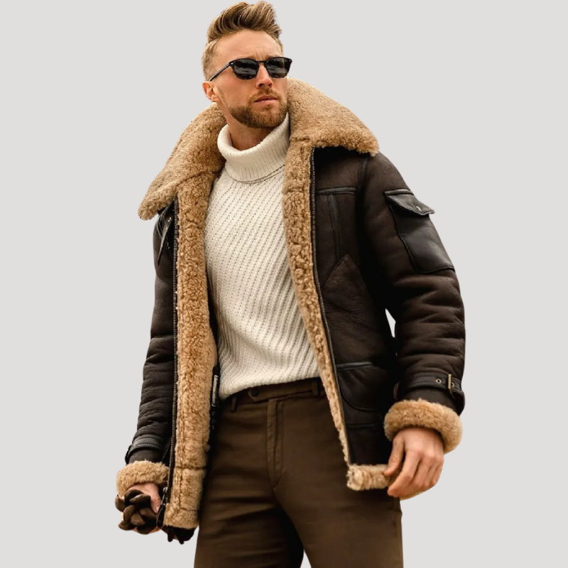 Men's pilot jacket with shearling-style collar, long sleeves and zip front