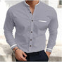 Men's long-sleeve grandad collar shirt with contrast trim and chest pocket