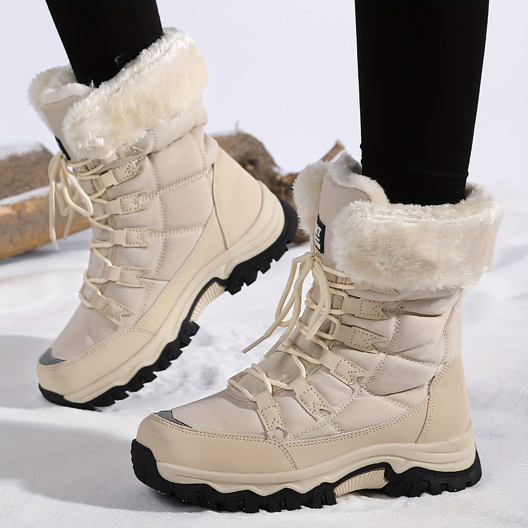 Women's winter lace-up boots with plush cuffs and lug soles