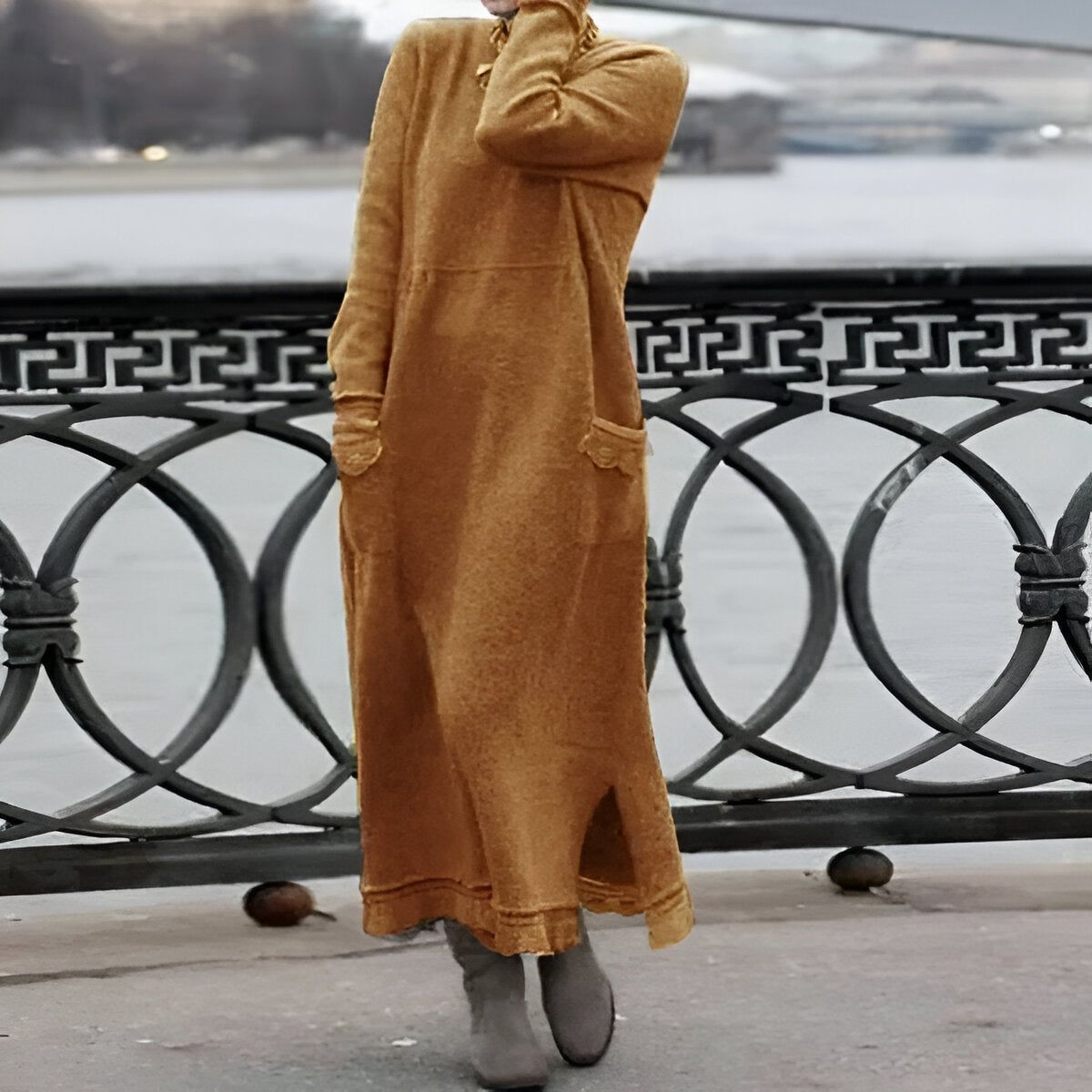 Women's long sleeve high neck maxi dress with side pockets and ankle-length hem