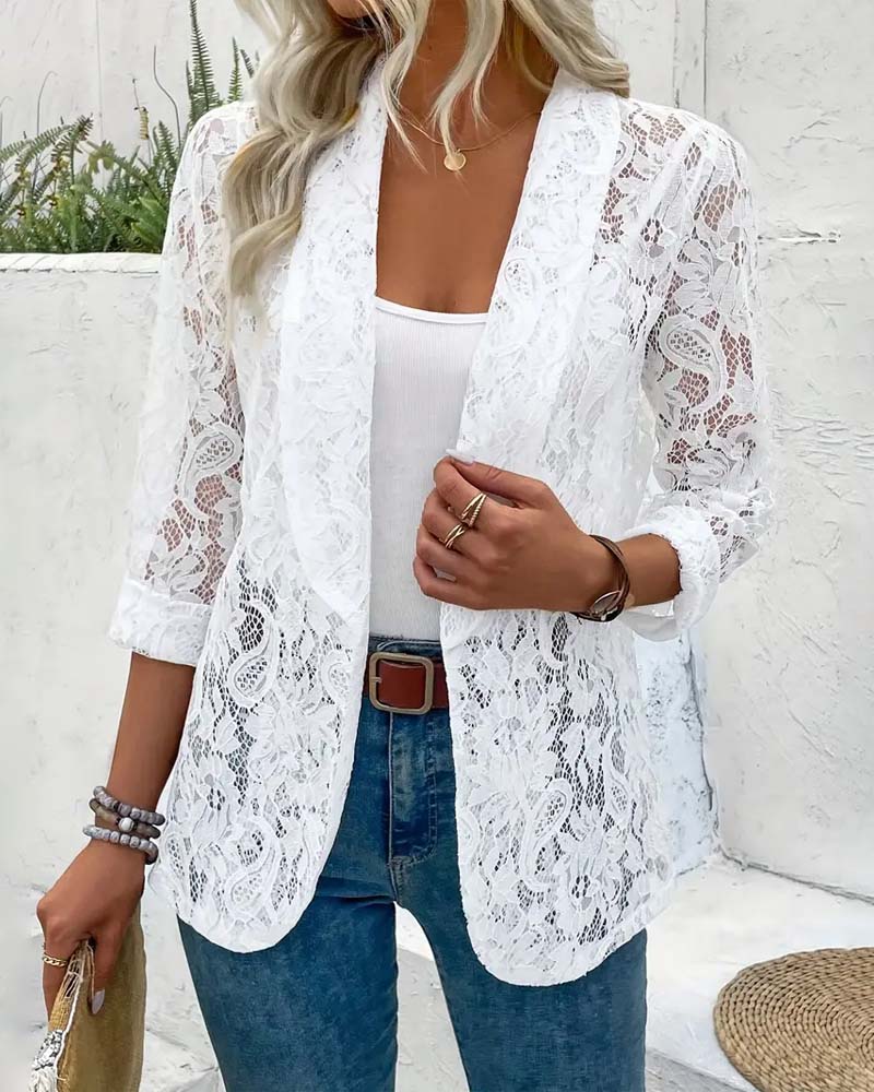 Women's open-front lace blazer with long sleeves