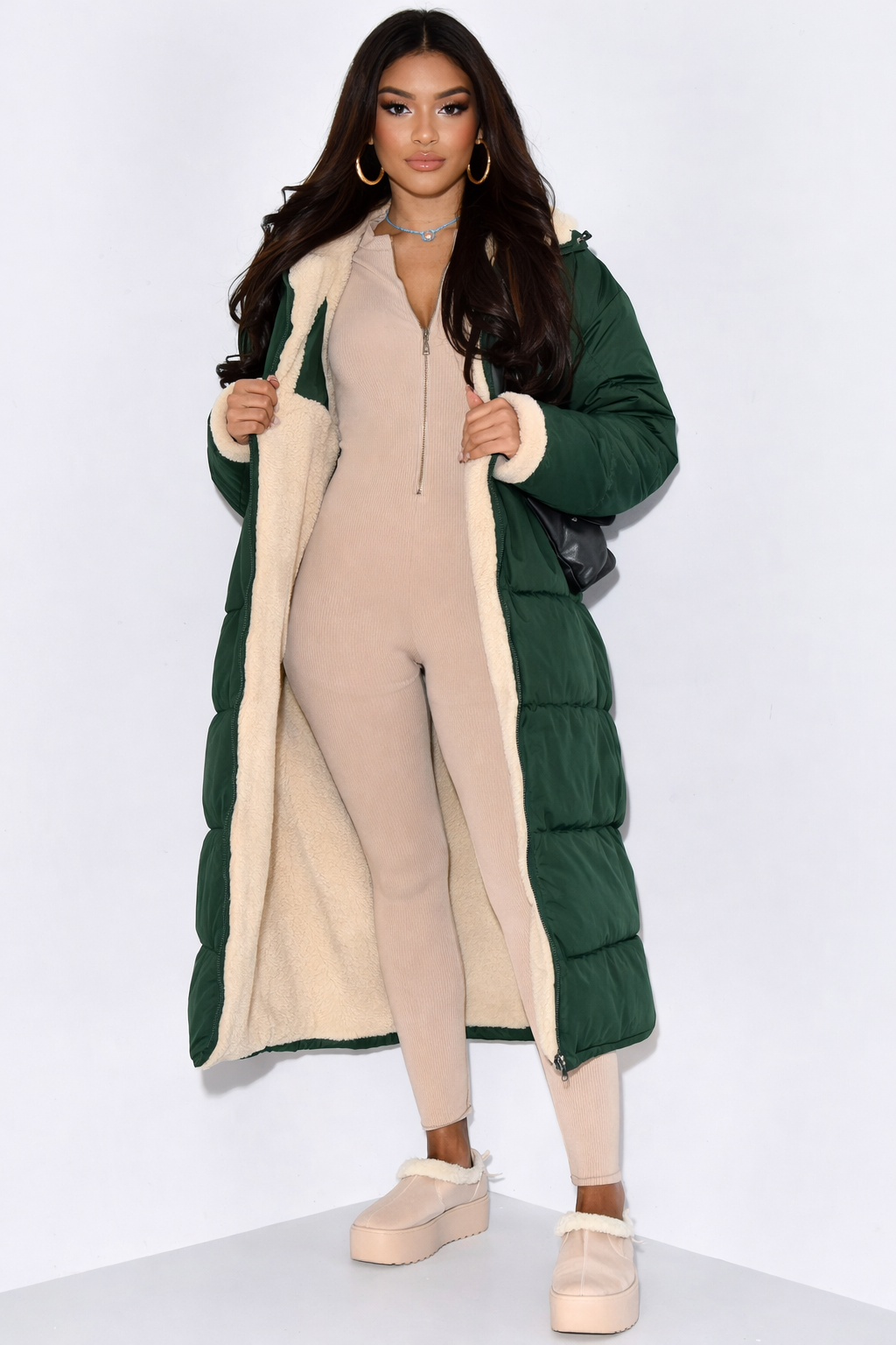Women's reversible hooded puffer coat with quilted panels