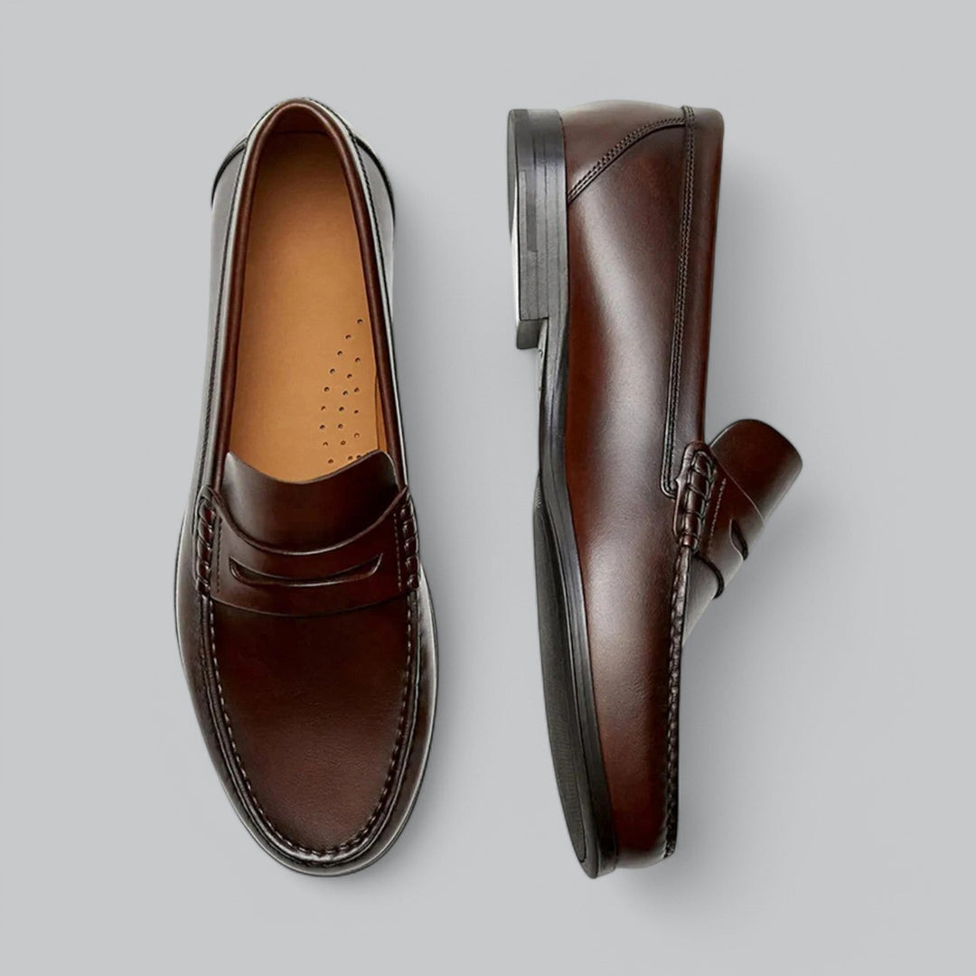 Men's penny loafers shown in black and dark brown