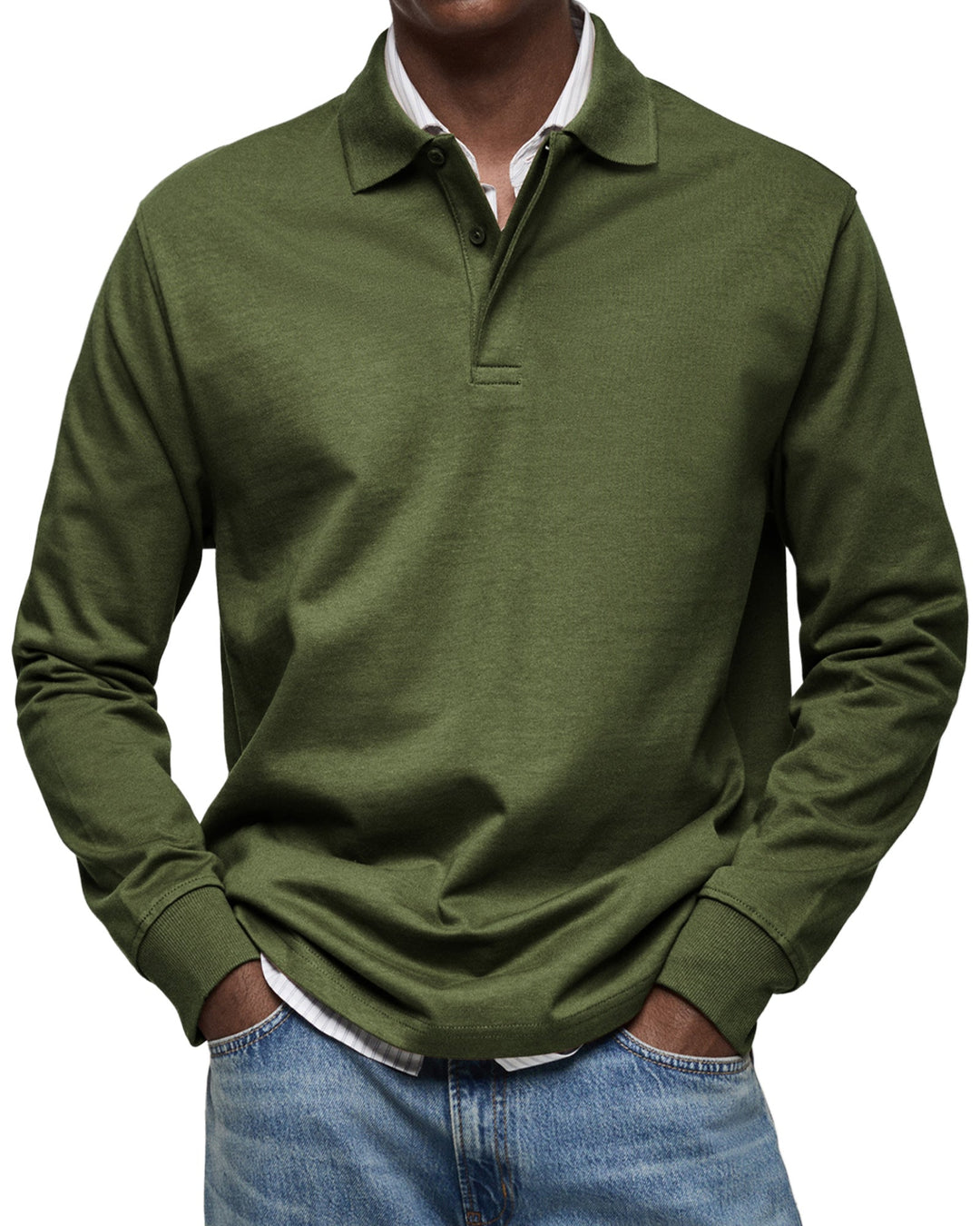 Men's long sleeve polo sweater with collar and button placket