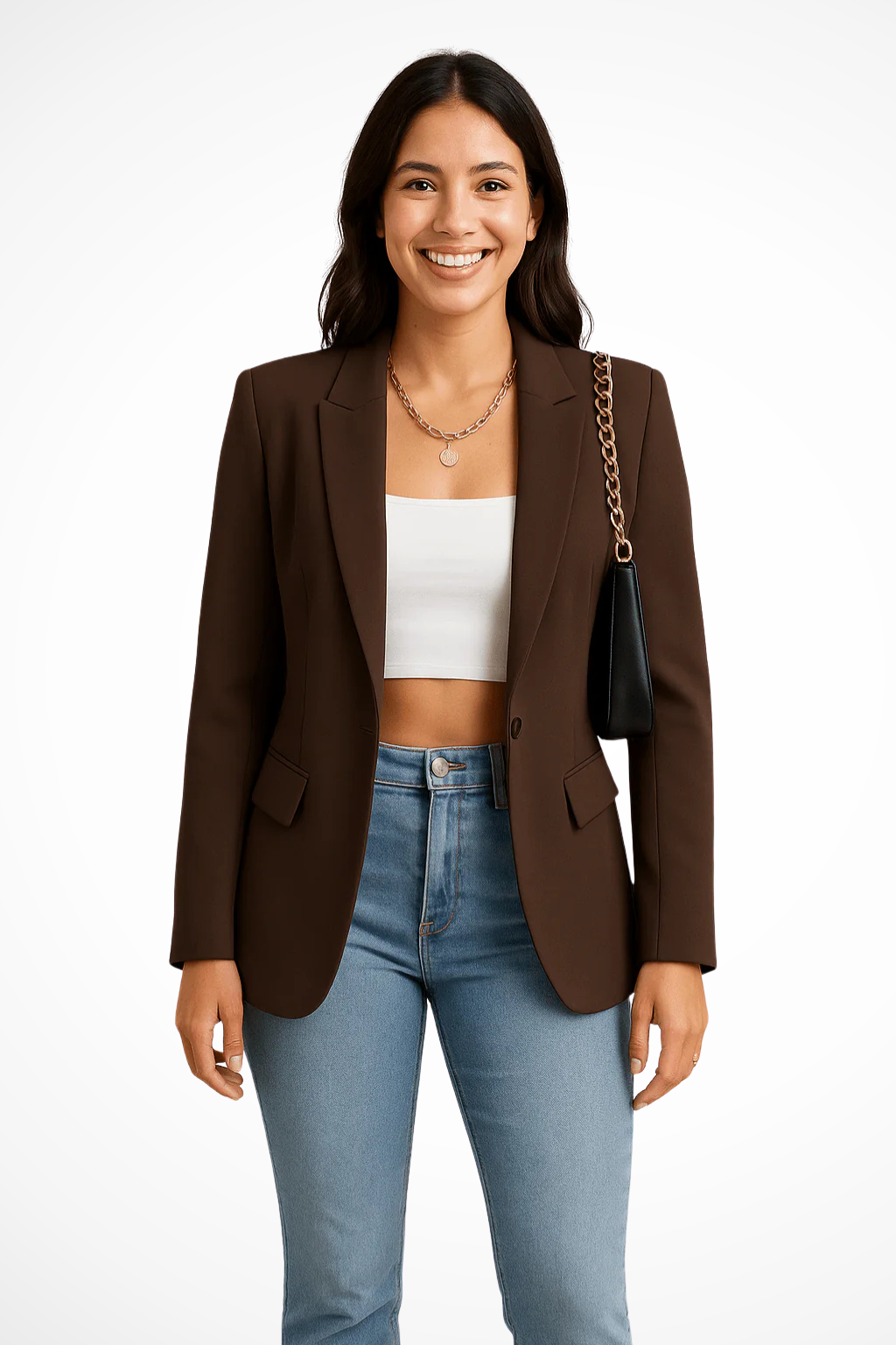 Women's tailored blazer with notched lapel, long sleeves, button fastening and flap pockets