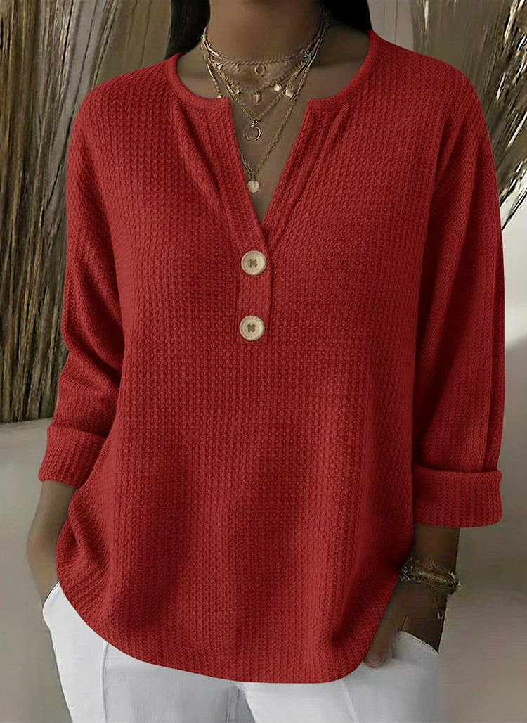 Women's textured waffle henley top with split neckline, buttons and long sleeves