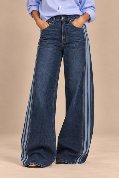 Women's dark blue wide-leg jeans with contrasting vertical side stripes