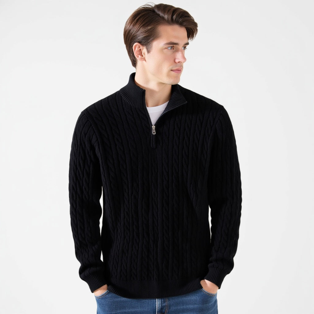 Men's five-pack cable knit quarter-zip sweaters in black, navy, gray, cream and blue