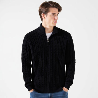 Men's five-pack cable knit quarter-zip sweaters in black, navy, gray, cream and blue