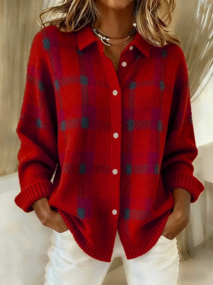 Women's checked button front shirt with collar and long sleeves