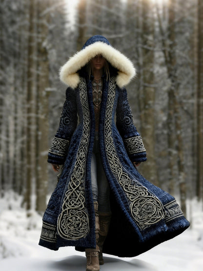 Women's long hooded coat with embroidered panels and fur-like hood trim