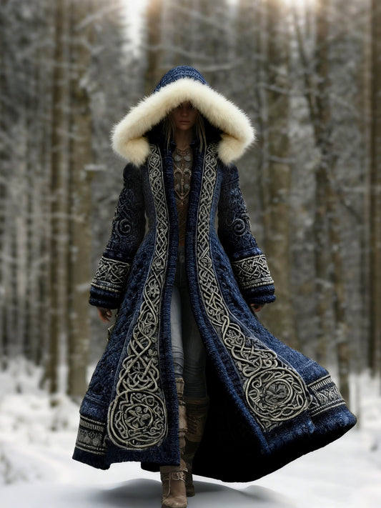 Women's long hooded coat with embroidered panels and fur-like hood trim