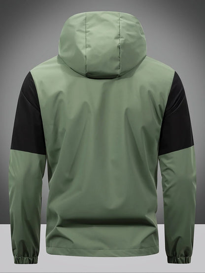 Men's black and green hooded jacket with yellow zips