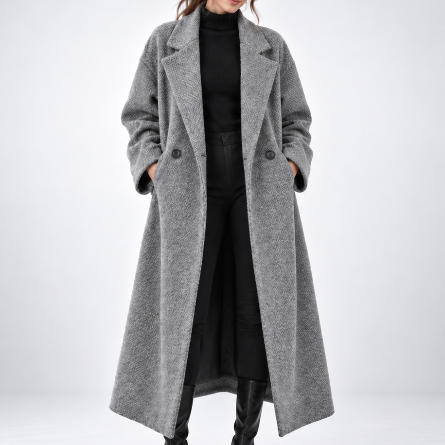 Women's long geometric patterned coat with notched lapels and button fastening