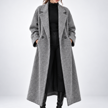 Women's long geometric patterned coat with notched lapels and button fastening