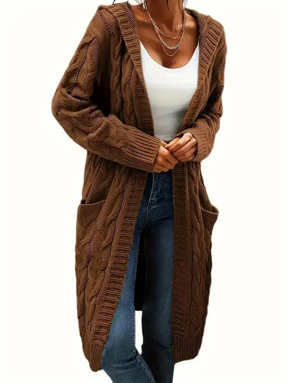 Women's longline textured open cardigan with long sleeves and side pockets