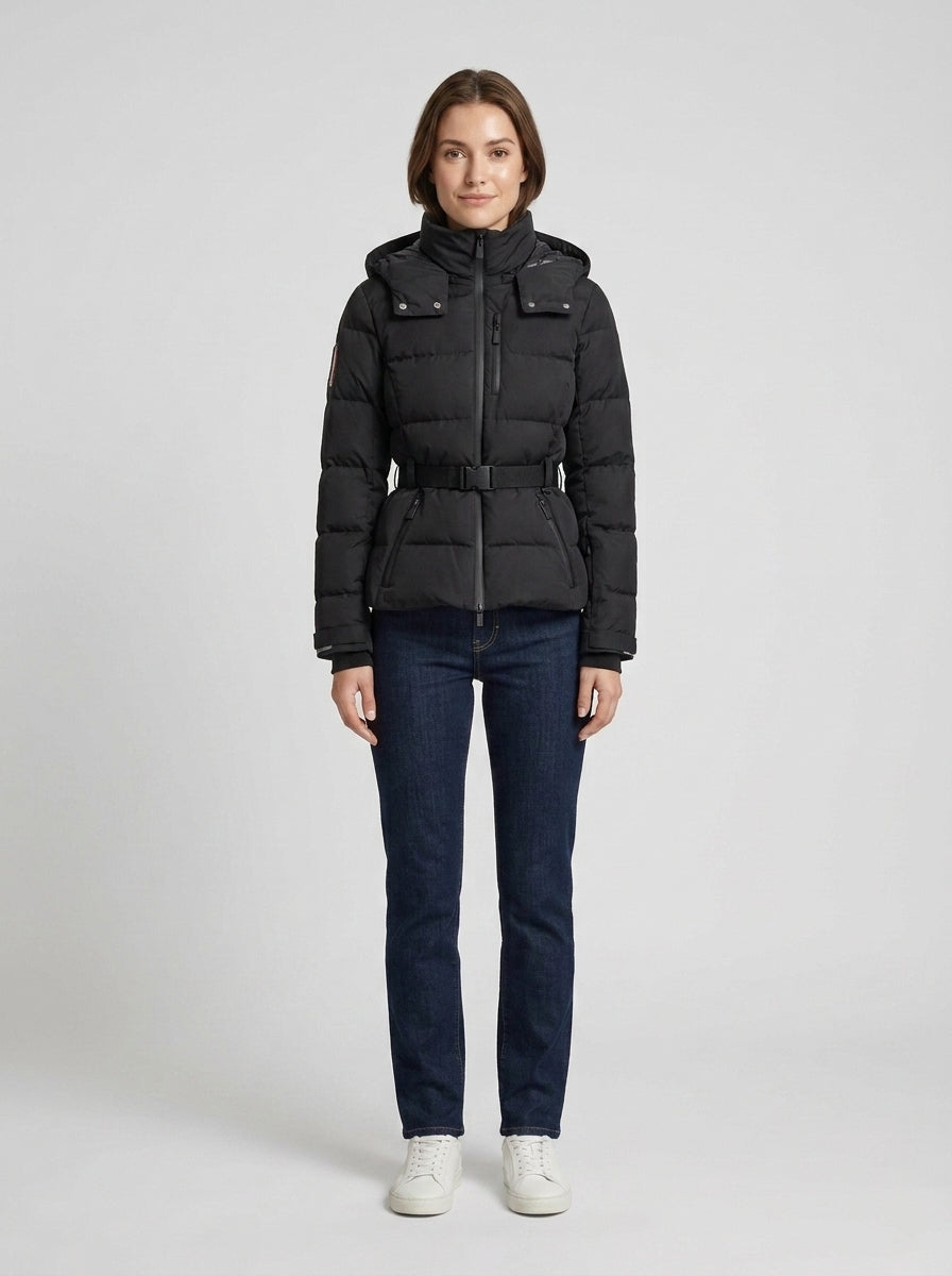 Women's black hooded quilted puffer jacket with belt