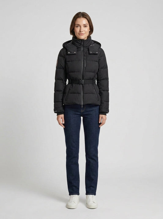 Women's black hooded quilted puffer jacket with belt
