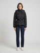 Women's black hooded quilted puffer jacket with belt