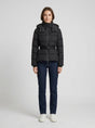 Women's black hooded quilted puffer jacket with belt