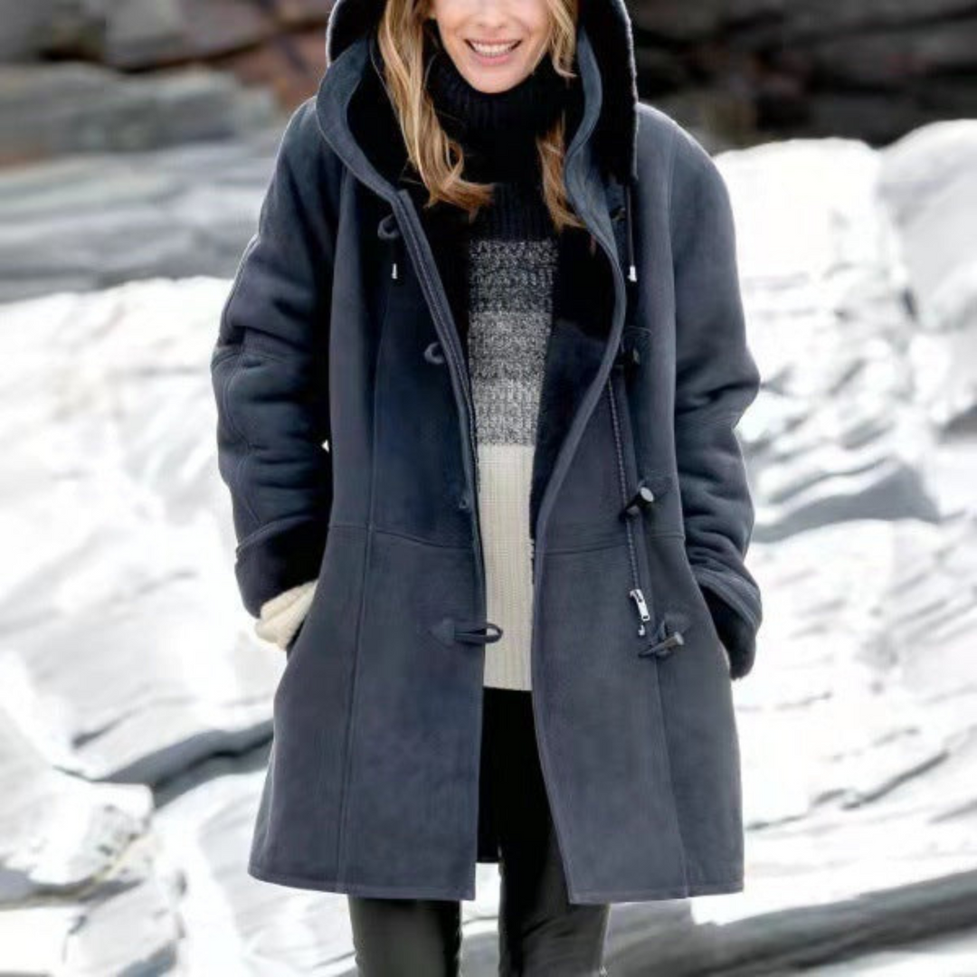 Women's hooded duffle coat with toggle fastenings and front pockets