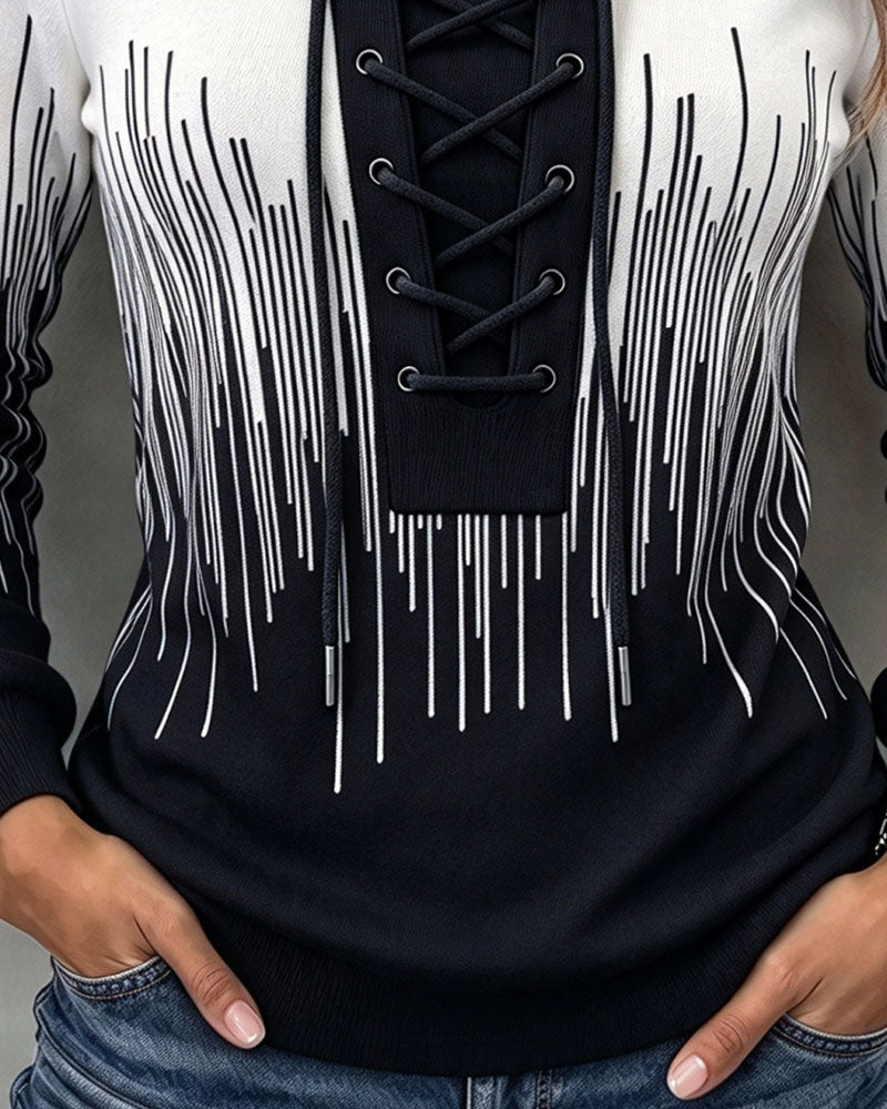 Women's black and white geometric lace-up fitted sweatshirt