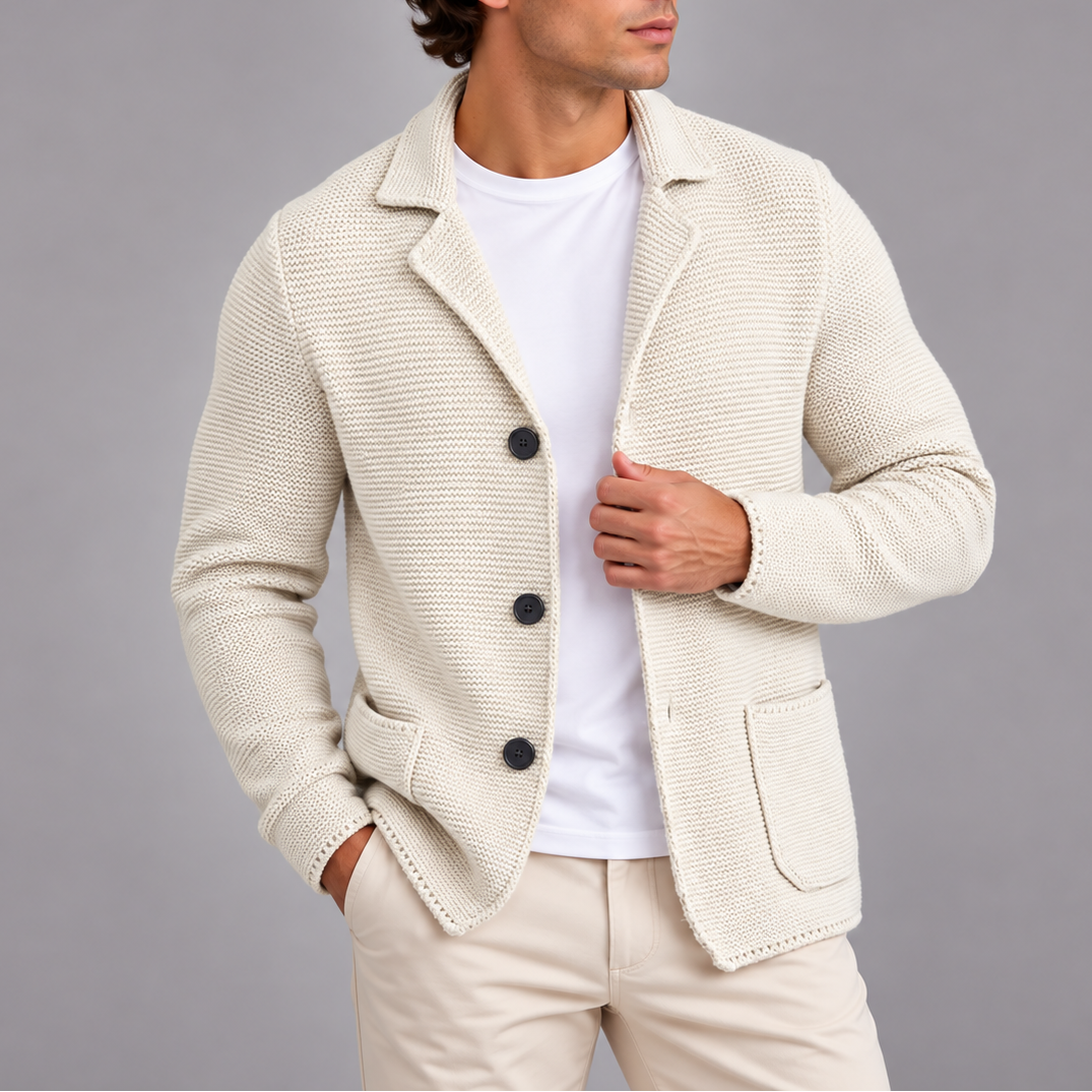 Men's knitted cardigan blazer with lapels, button front and patch pockets
