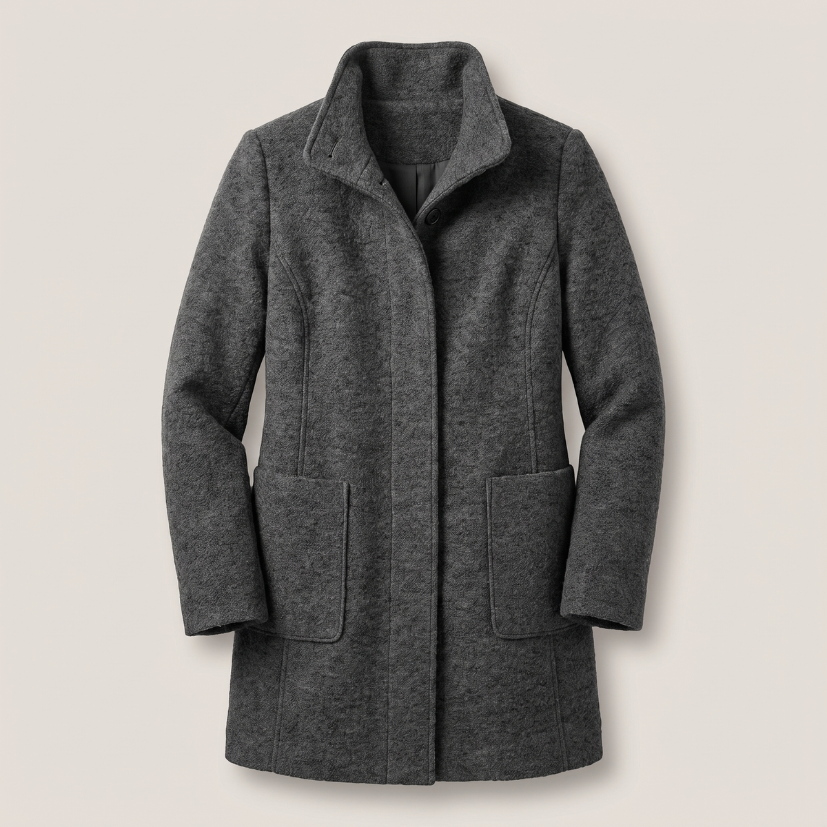 Women's longline trench coat with stand collar, button front and patch pockets