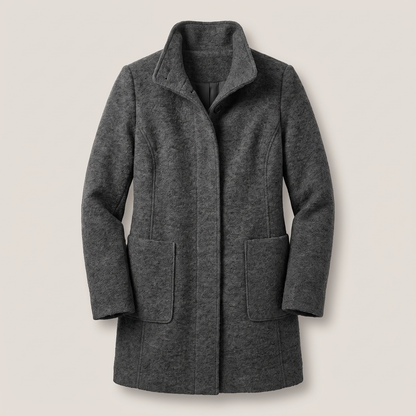 Women's longline trench coat with stand collar, button front and patch pockets