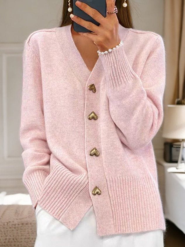 Women's V-neck knit cardigan with heart-shaped buttons and front pockets