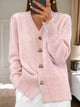 Women's V-neck knit cardigan with heart-shaped buttons and front pockets