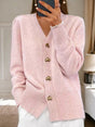Women's V-neck knit cardigan with heart-shaped buttons and front pockets