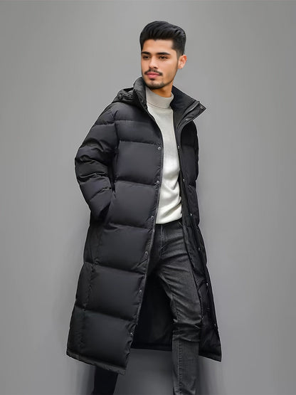 Men's black long hooded puffer coat with quilted panels and zip front