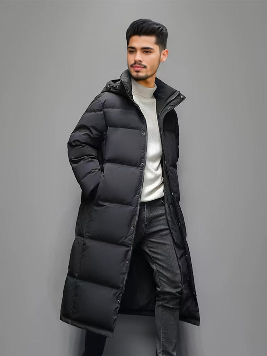 Men's black long hooded puffer coat with quilted panels and zip front