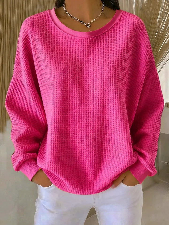 Women's textured crew neck sweater with long sleeves and ribbed trims