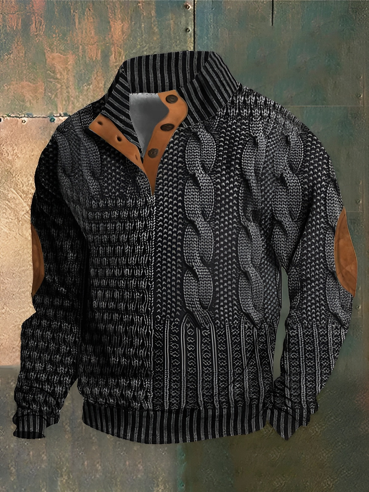 Men's patterned knit sweater with mock neck and button placket