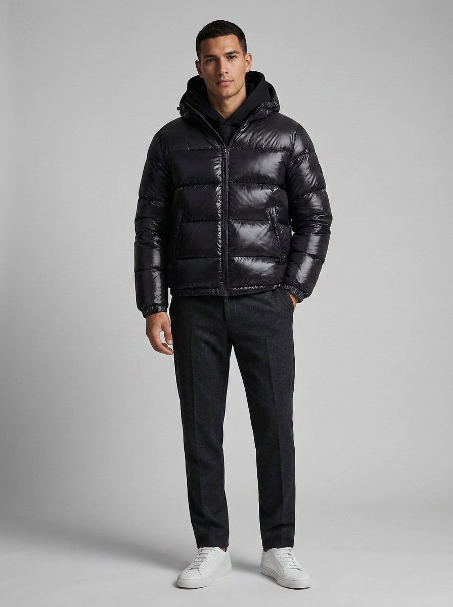 Men's hooded quilted puffer jacket with zip front and side pockets