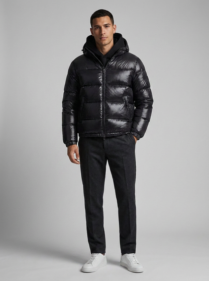 Men's hooded quilted puffer jacket with zip front and side pockets