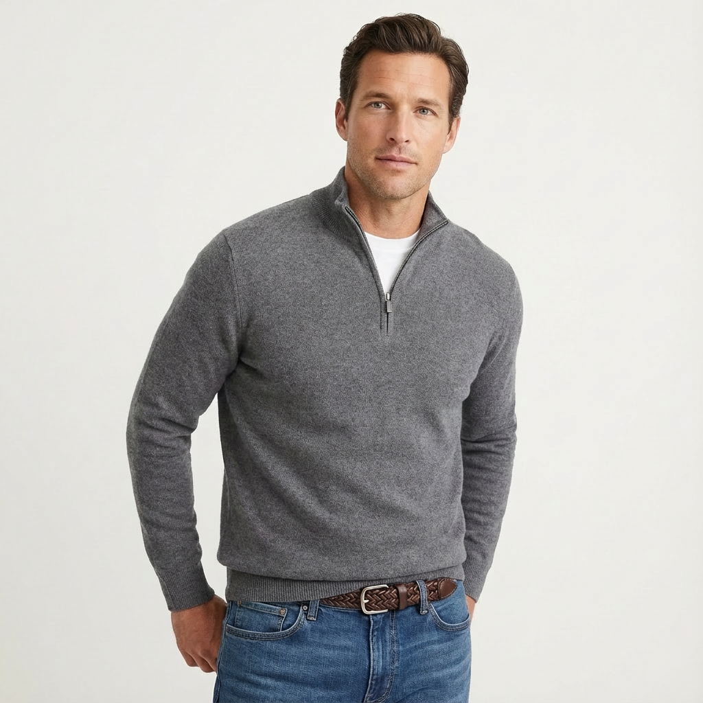Men's quarter-zip sweater with stand collar and long sleeves