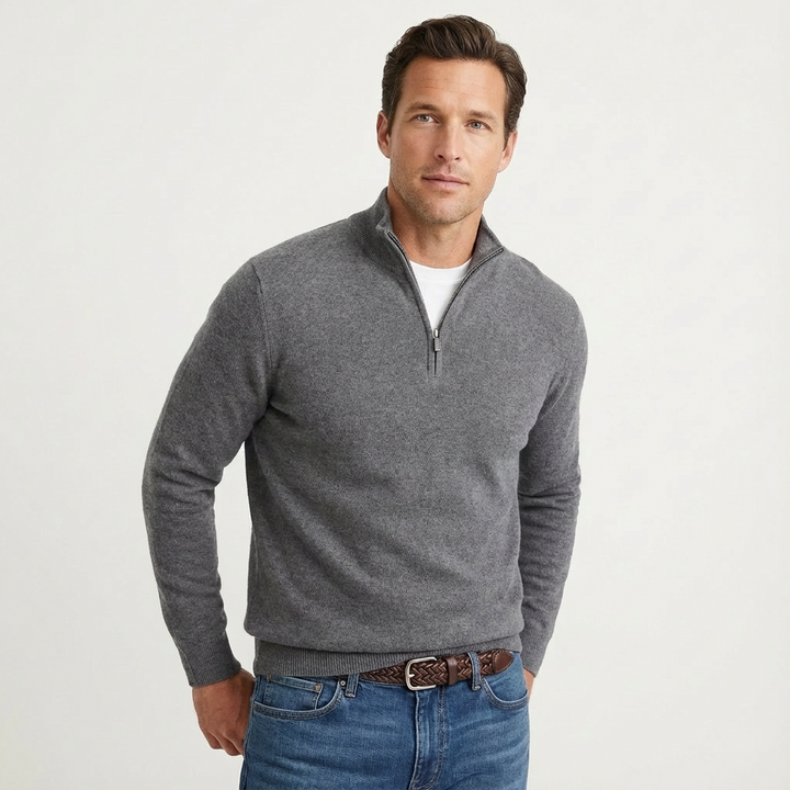 Men's quarter-zip sweater with stand collar and long sleeves