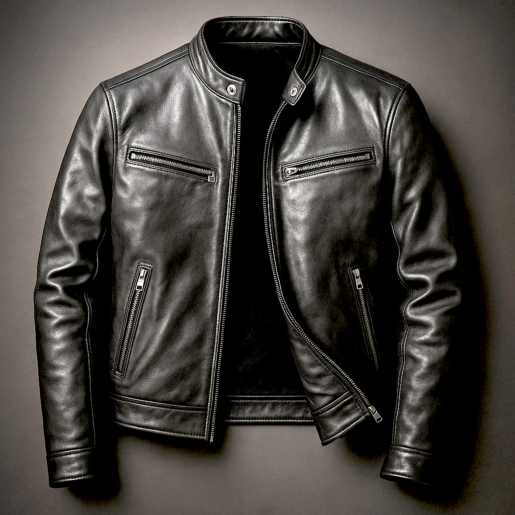 Men's leather biker jacket with standing collar and zip pockets
