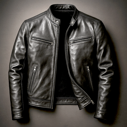Men's leather biker jacket with standing collar and zip pockets