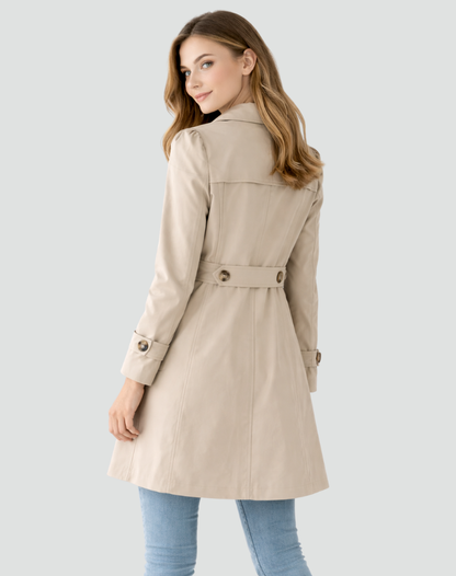 Women's slim fit trench coat with lapel collar, buttons, waist pockets and cuff straps