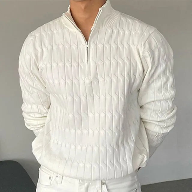 Half zip ribbed sweater in cream and black with crew neckline and long sleeves