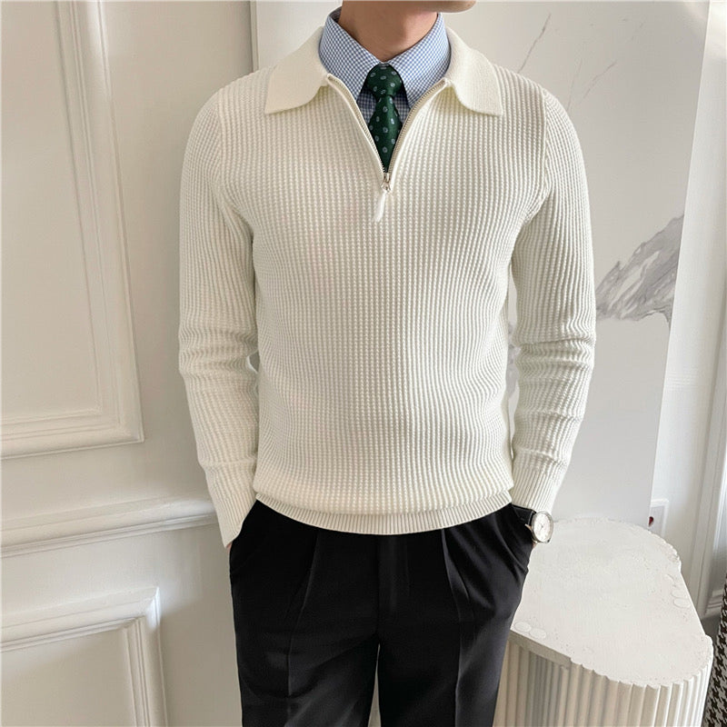 Men's ribbed quarter-zip sweater with collar in white and black